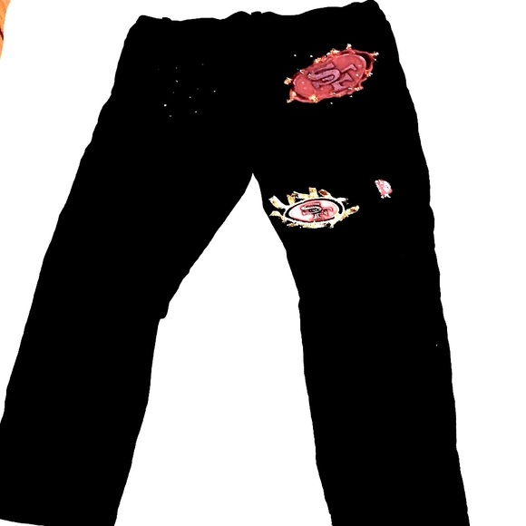Women’s UPCYCLED HAND CRAFTED 49ers Themed Black Jeans TAHARI Sz 14P - Picture 14 of 15